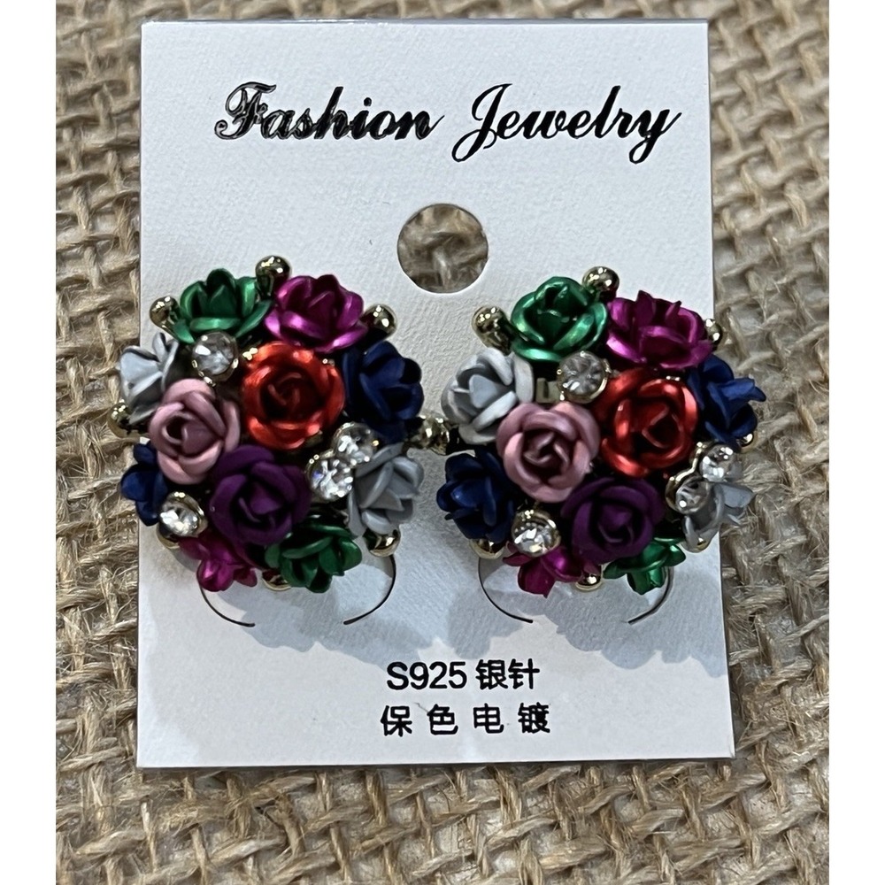 Colorful Metal & Rhinestone Cluster Pierced Earrings NEW Fairy Grunge